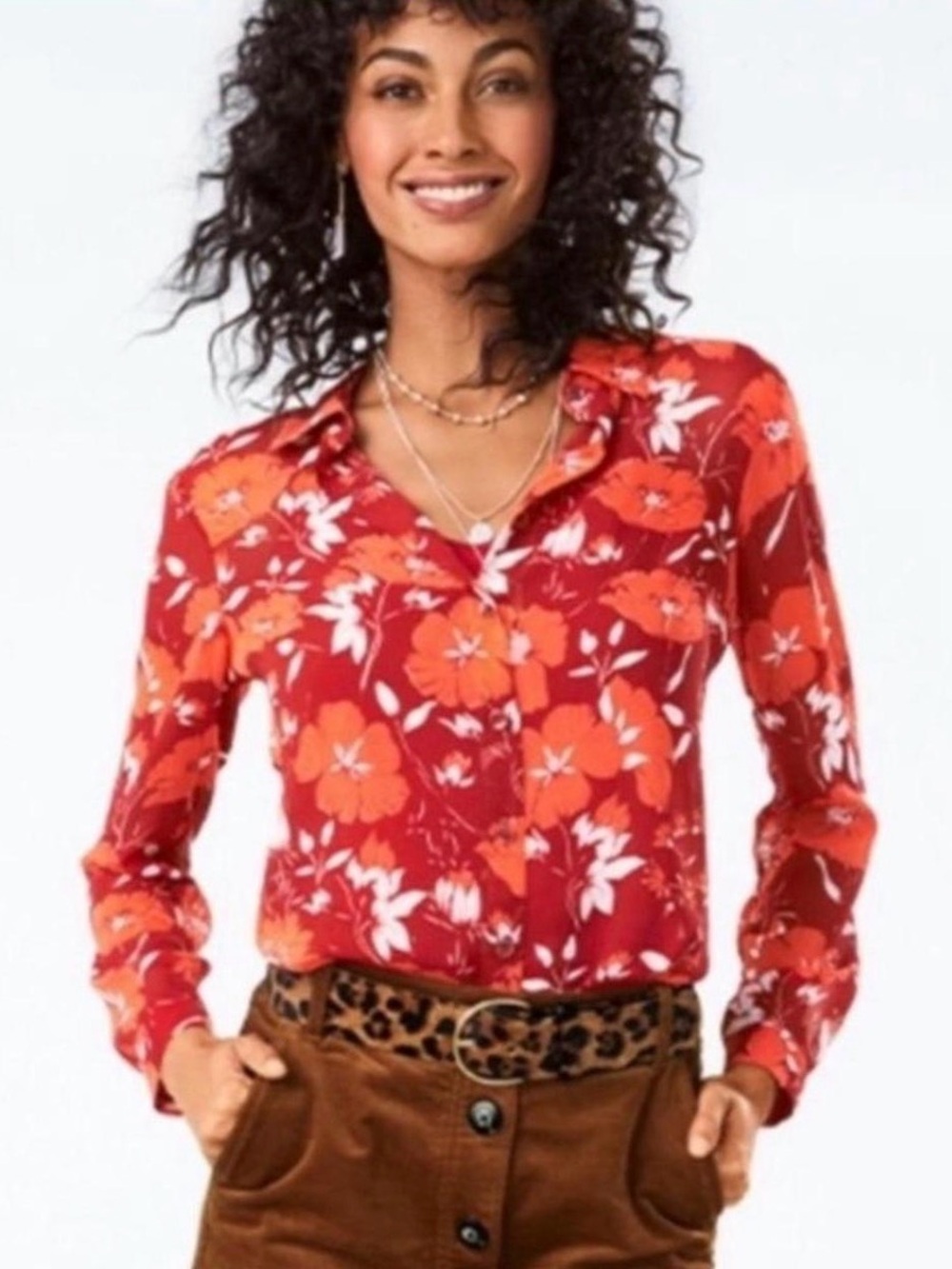 Cabi Ali Hothouse Scarlet Flower Long Sleeve Button-Up Blouse Size Large
